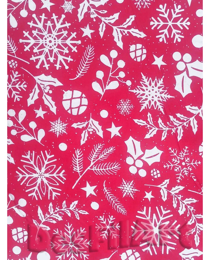 Algodón de Navidad hojas y estrellas fondo colorado